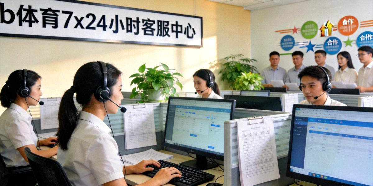 b体育7x24小时客服中心工作场景，多名专业客服人员正在电脑前为用户提供服务