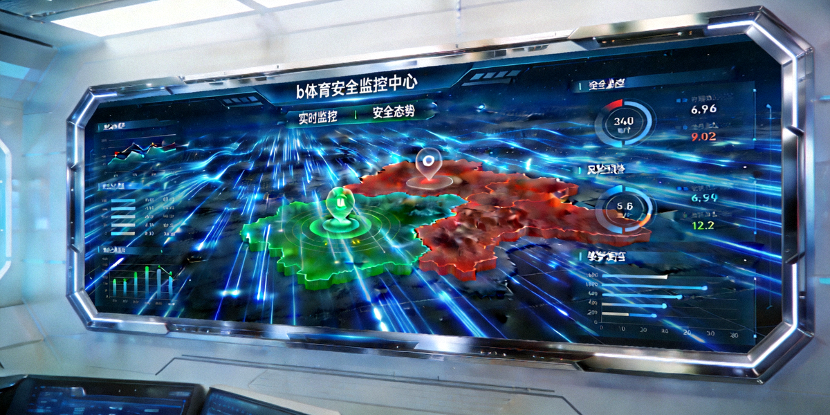 b体育安全监控中心大屏幕，展示实时数据流与安全态势感知图