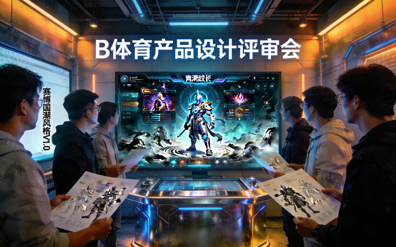 B体育产品设计团队正在大屏幕前评审赛博国潮风格的游戏界面与角色设计