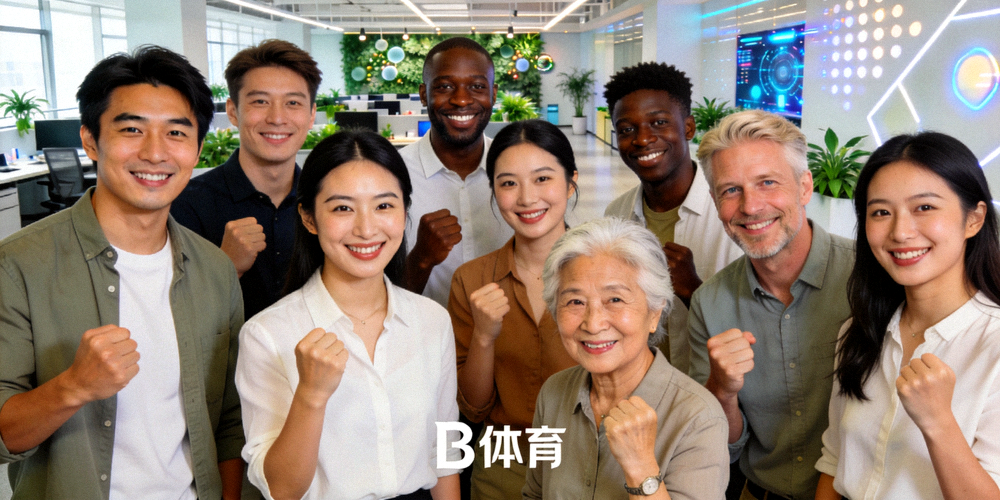B体育多元化团队成员在明亮现代的办公环境中合影，展现积极向上的团队氛围