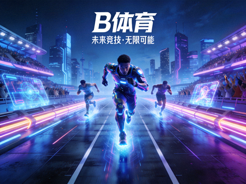 B体育赛博风格主视觉图，展现未来感体育竞技场景
