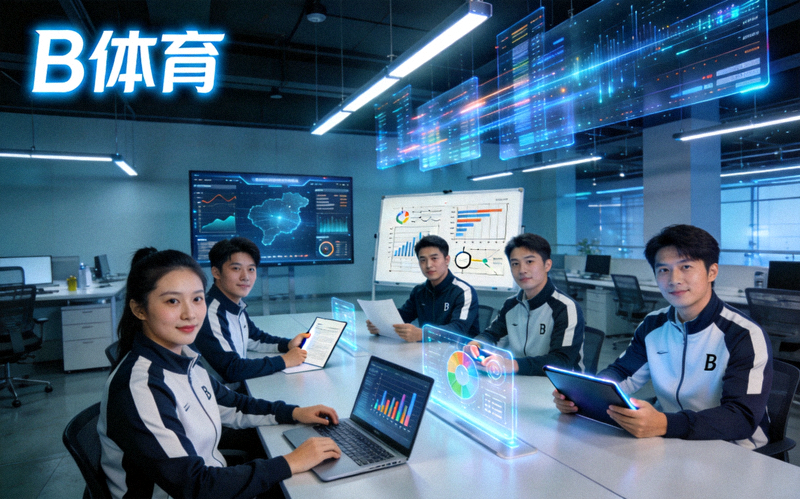 B体育团队在充满科技感的现代化办公室中协作讨论的场景
