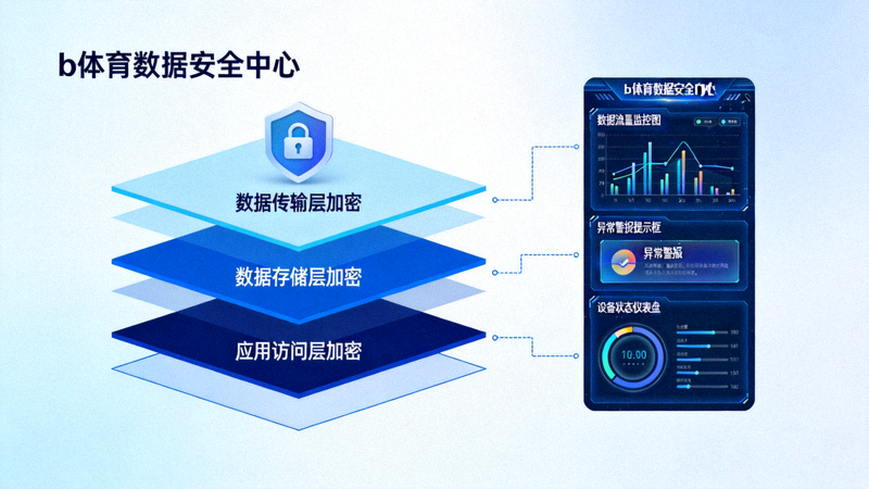 b体育数据安全中心示意图，显示多层加密防护和实时监控界面