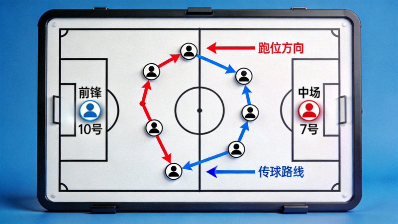 足球战术板，显示球员跑位与传球路线分析图